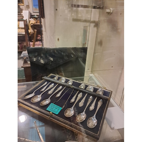 271 - Set of 12 Sheffield Silver Tea Spoons and Sugar Tongs (box poor)