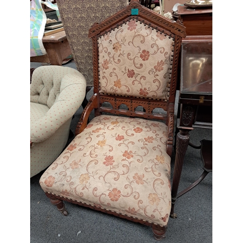 285 - Victorian Inlaid Oak Ladies Chair - very pugin