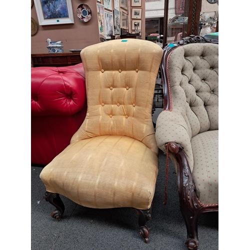 287 - Victorian Ladies Chair with Yellow Upholstered Fabric on Cabriole Legs