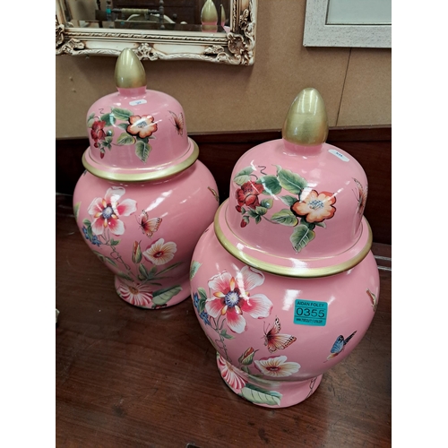 355 - Pair of Pink Floral Decorated Urns