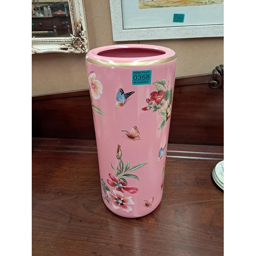 358 - Pink Porcelain Floral Decorated Umbrella Stand