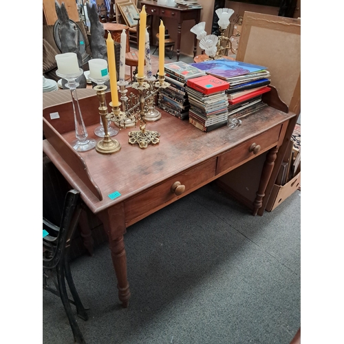 45 - Victorian Mahogany Galleryback Side Table with 2 Drawers on tapering turned legs