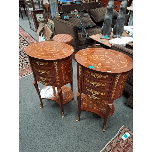 50 - Pair of Oval Marquetry Inlaid 3 Drawer Bedside or Lamp Tables