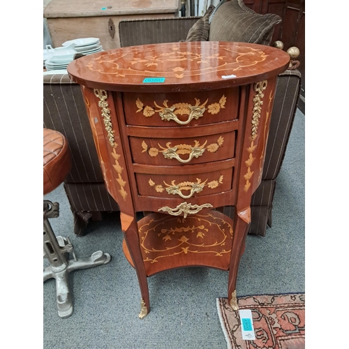 50 - Pair of Oval Marquetry Inlaid 3 Drawer Bedside or Lamp Tables