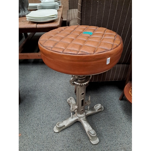 51 - Pair Cast Iron and Leather Upholstered Stools (one needs a weld)