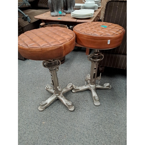 51 - Pair Cast Iron and Leather Upholstered Stools (one needs a weld)