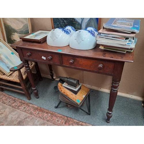 85 - Victorian Mahogany Side Table with 2 Drawers on turned legs