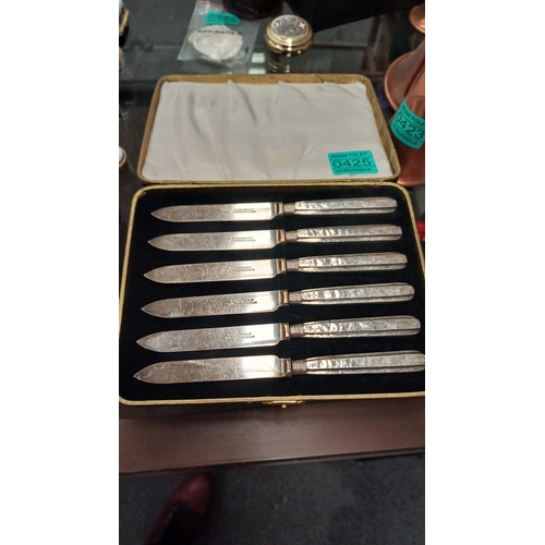 425 - Cased Set of Silver Handled Fruit Knives by Elkington together with another Mother of Pearl handled ... 