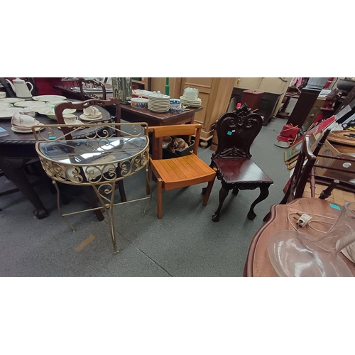 573 - Mahogany Hall Chair, Church Chair and a Vintage Metal and Glass Table