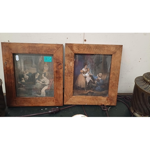 614 - Pair of 19th Century Oil Paintings of Family Scenes in good Inlaid Walnut Frames (28cm x 31cm)