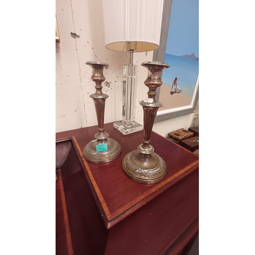 635 - Pair of Silver Plated Candlesticks and a similar Candelabra