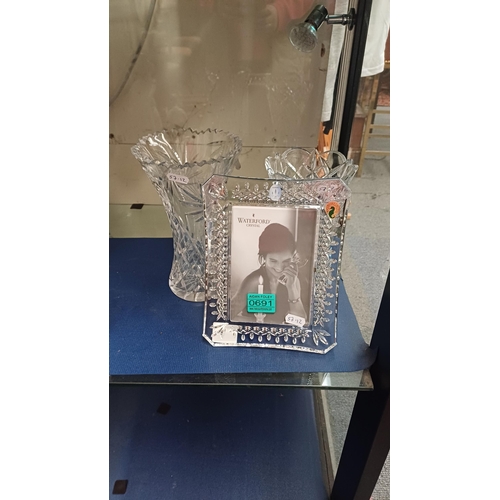 691 - Waterford Glass Photo Frame and 2 Glass Vases