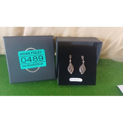 489 - Silver Marcasite Drop Earrings