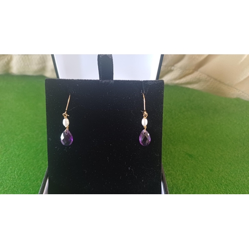 497 - 9 carat Amethyst and Pearl Drop Earrings