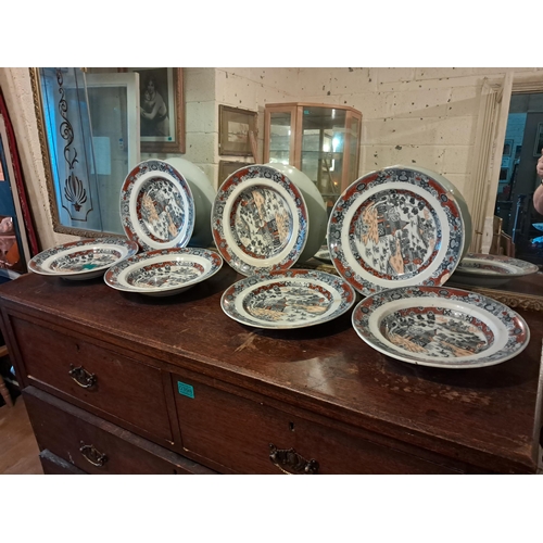 399 - Seven Victorian Soup Bowls with Oriental Scenes - 3 perfect and 4 with chips (26cm Diameter)