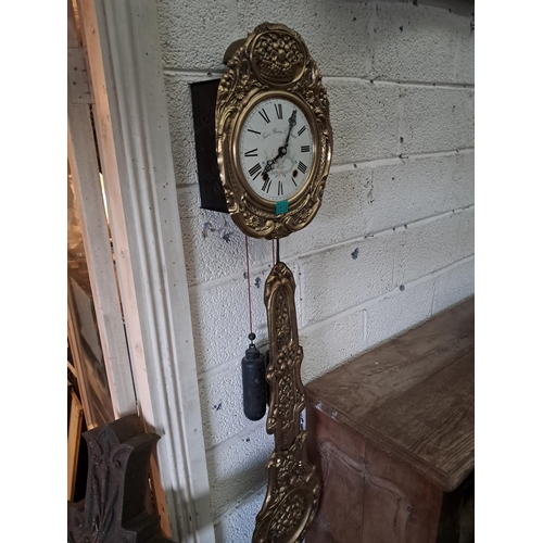 412 - Antique French Wall Mounted Comptoise Clock with ornate Brass Pendulum and weights