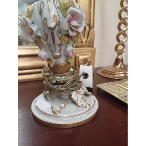 161 - Pair of Porcelain Candlesticks with Floral Encrusted Decoration - now fitted as Table Lamps (26cm Ta... 