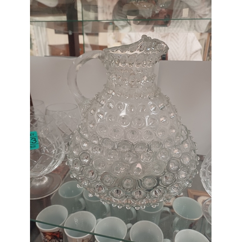 63 - Dimple Glass Jug and Bowl Set together with 7 Brandy Glasses (5 + 2)