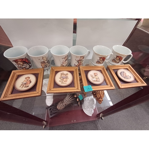 64 - 6 Hummel Porcelain Mugs and 4 Hummel Plates Mounted in Gilt Frames