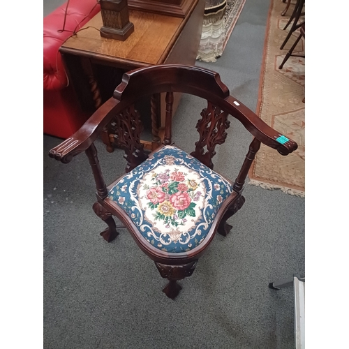 308 - Mahogany Corner Tub Chair with Tapestry Upholstered Seat