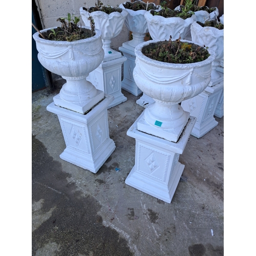 7 - Pair of Cicrular Top Concrete Garden Urns on Stands (90cm Tall)