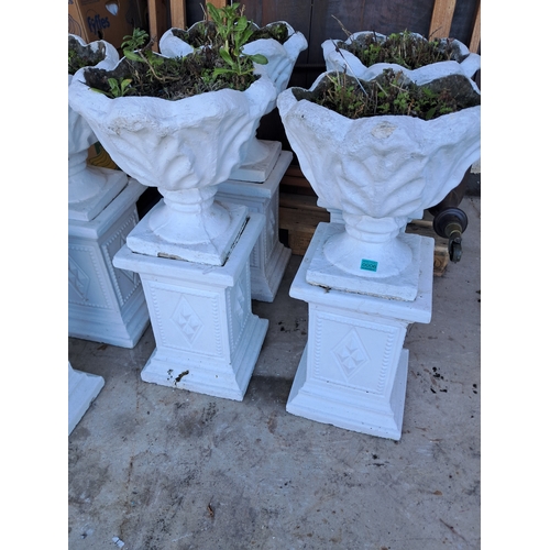 4 - Pair of Concrete Garden Urns on Bases (90cm Tall)