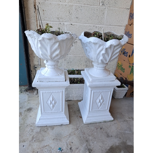 4 - Pair of Concrete Garden Urns on Bases (90cm Tall)