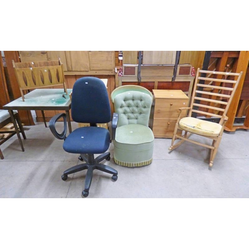 32 - PINE KITCHEN TROLLEY, PAPER RACK, OFFICE CHAIR, ETC