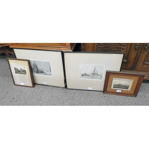 1010 - 2 FRAMED ETCHINGS HARBOUR SCENES SIGNED JOSEPH GRAY & 2 ETCHINGS BY A. SIMES LAIRIG GHRU & CAIRNGORM