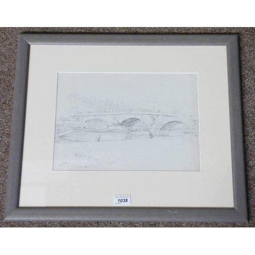 1038 - A GRAHAM MUNRO  PONT MARIE  SIGNED  FRAMED DRAWING 24 X 34 CMS