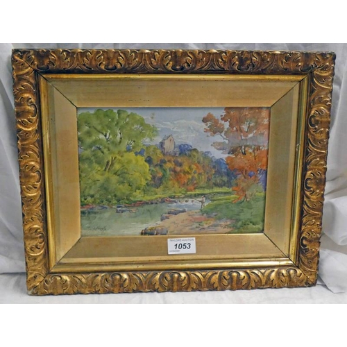 1053 - G H INDISTINCTLY SIGNED FERNIEHERST SIGNED GILT FRAMED WATERCOLOUR 17.5 X 25.5 CM