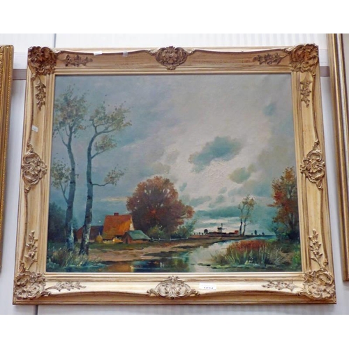 1054 - A HERBE,   EVENING,  FRAMED OIL PAINTING,  UNSIGNED LABEL TO REAR  49  X  59 CMS