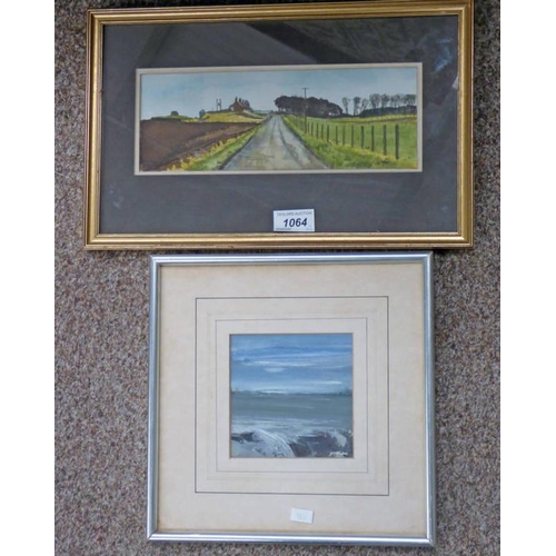 1064 - FRAMED  WATERCOLOUR LANE BY LUNAN SIGNED  BOB CARGILL & FRAMED GOUACHE SEASCAPE SIGNED GRAHAM