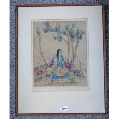 1090 - ELYSE ASHE LORD  THE BIWA PLAYER,   SIGNED IN PENCIL,   FRAMED COLOURED ARTIST'S PROOF ETCHING NO 26... 