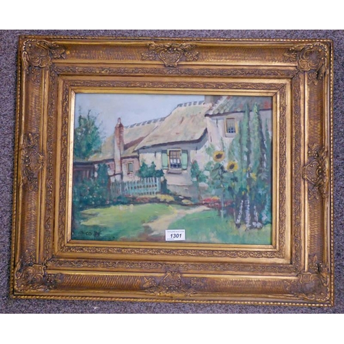 1301 - MICO COUNTRY COTTAGE SIGNED GILT FRAMED OIL PAINTING 29 X 39 CM