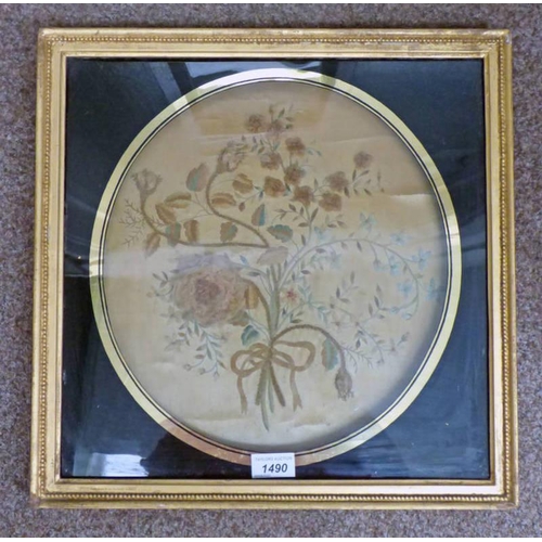 1490 - 19TH CENTURY FRAMED SEWN WORK PICTURE ON SILK OVERALL SIZE 37 X 38 CM