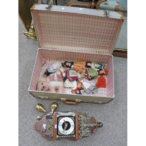 1498 - MAHOGANY & BRASS WALL CLOCK SUITCASE WITH VARIOUS TOY DOLLS, ETC