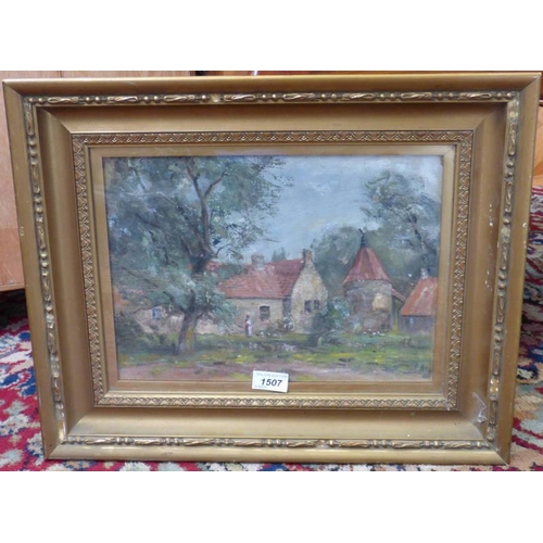 1507 - GILT FRAMED OIL PAINTING 19TH CENTURY FARM SCENE 24 X 34 CMS