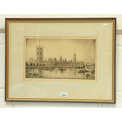 1514 - FRAMED ETCHING  HOUSES OF PARLIAMENT SIGNED ALFRED J BENNETT - 20 X 35 CMS