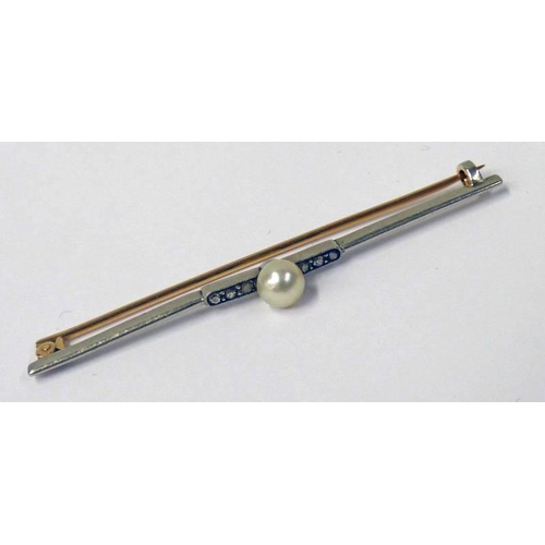 217 - BAR BROOCH SET DIAMONDS & PEARL