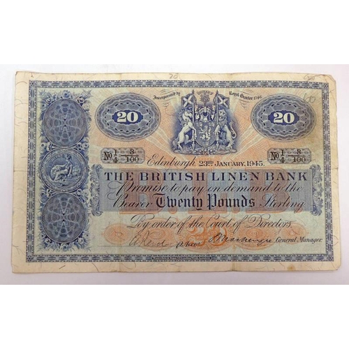 2240 - 1945 BRITISH LINEN BANK £20 BANKNOTE I/4 3/100, MACKENZIE & HANDSIGNED SIGNATURES