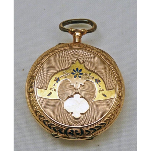 289 - FOB WATCH IN CASE MARKED 585 WITH DECORATIVE FLORAL ENAMEL BACK