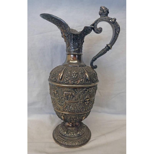 290 - SILVER PLATED CELLINI STYLE WINE JUG WITH MASK & SHEEP DECORATION - 30CM