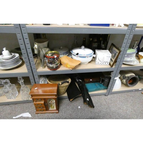 3026A - SELECTION OF VARIOUS ITEMS INCLUDING LEATHER RIDING BOOTS, JEWELLERY BOX AND OTHERS OVER TWO SHELVES