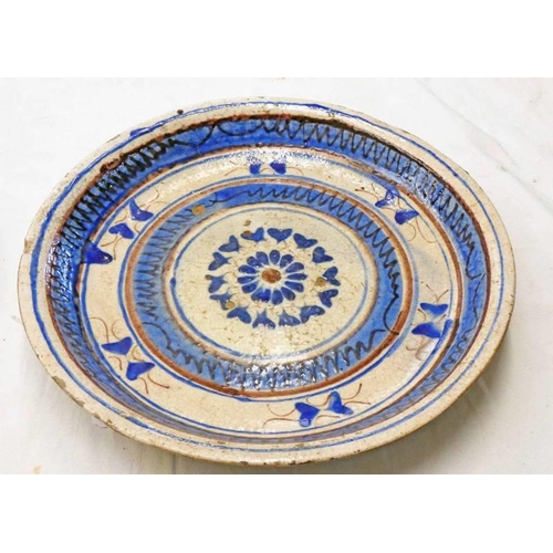 3050 - 19TH CENTURY MIDDLE EASTERN BLUE & WHITE POTTERY BOWL 33CM WIDE