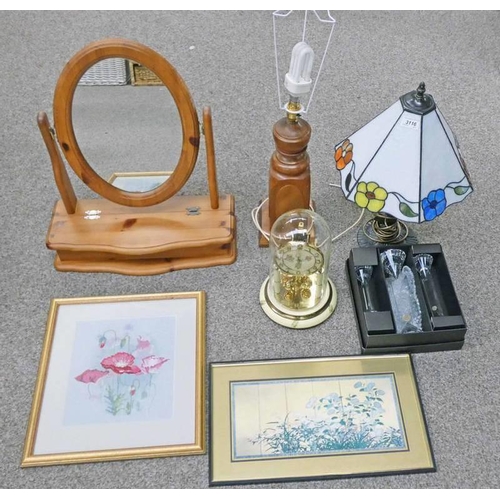 3116 - SELECTION OF VARIOUS ITEMS INCLUDING TIFFANY STYLE TABLE LAMP, FRAMED PICTURES, MANTLE CLOCK AND OTH... 