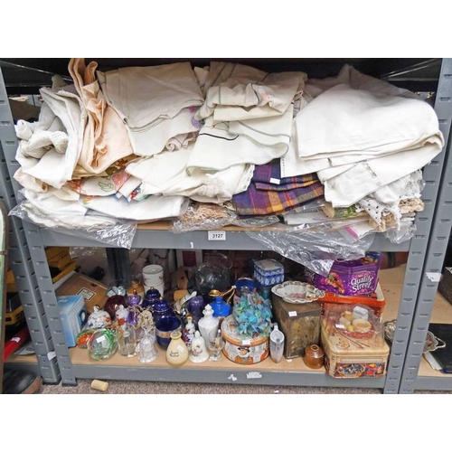 3127 - SELECTION OF LINEN & PORCELAIN OVER TWO SHELVES