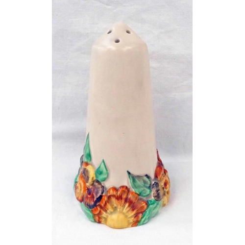 3134 - CLARICE CLIFF SUGAR SIFTER WITH RELIEF MOULDED FLORAL DECORATION  - 14.5 CM TALL