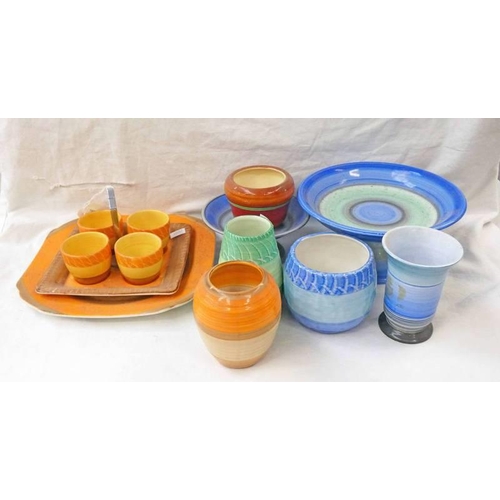 3181 - SELECTION OF SHELLEY WARE ART DECO POTTERY INCLUDING EGG CUP STAND, VASES, COMPORT ETC