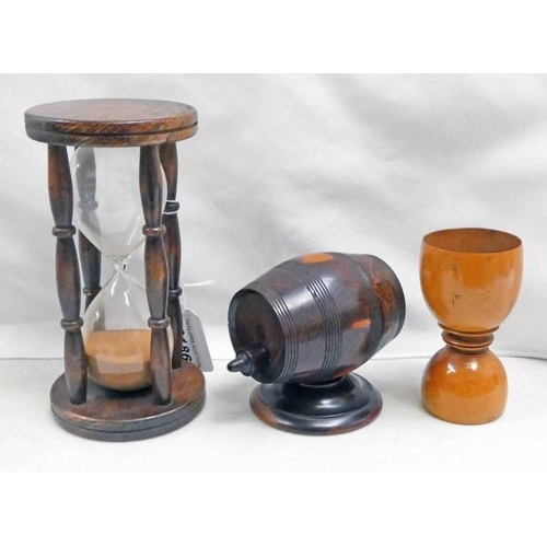 3186 - 19TH CENTURY TREEN EGG TIMER, BARREL SHAPED STRING HOLDER & EGG CUP